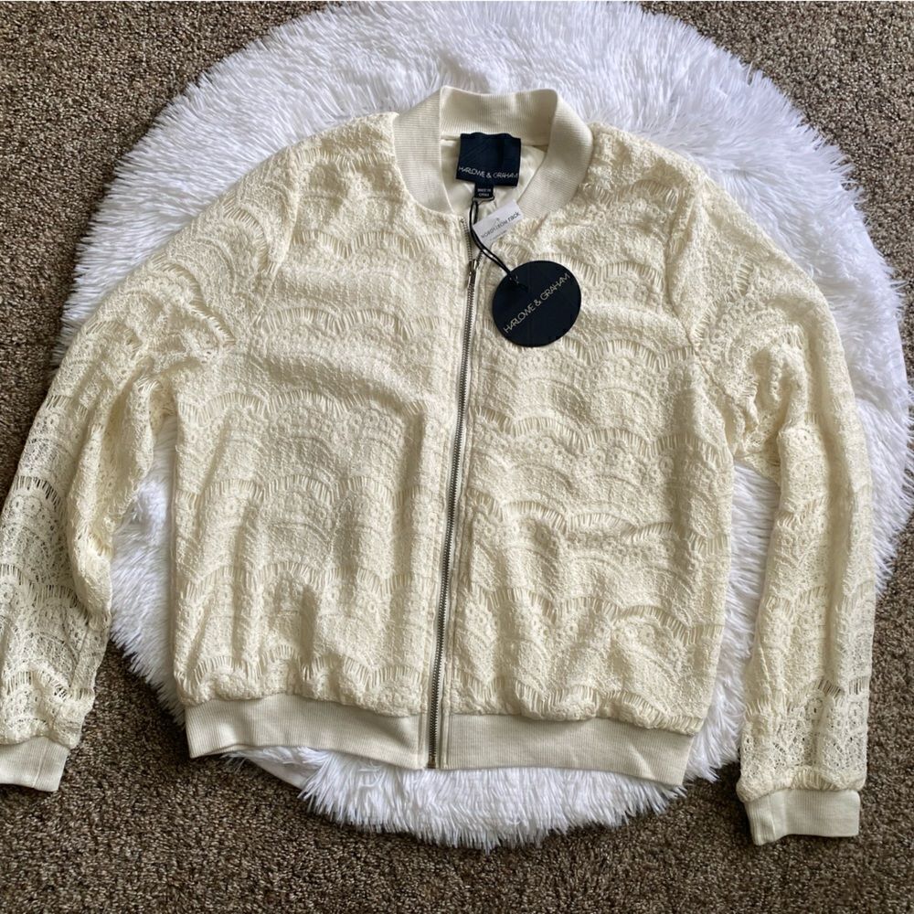 Harlowe & Graham Lace Zip Front Jacket Womens Size Large Cream